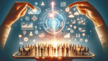 A group of diverse individuals collaboratively interacting with a futuristic, transparent touchscreen interface, set against a backdrop of soft, welcoming color tones. The scene is adorned with subtle digital icons and effects, creating an inclusive and innovative atmosphere that invites engagement with the future of software development trends.