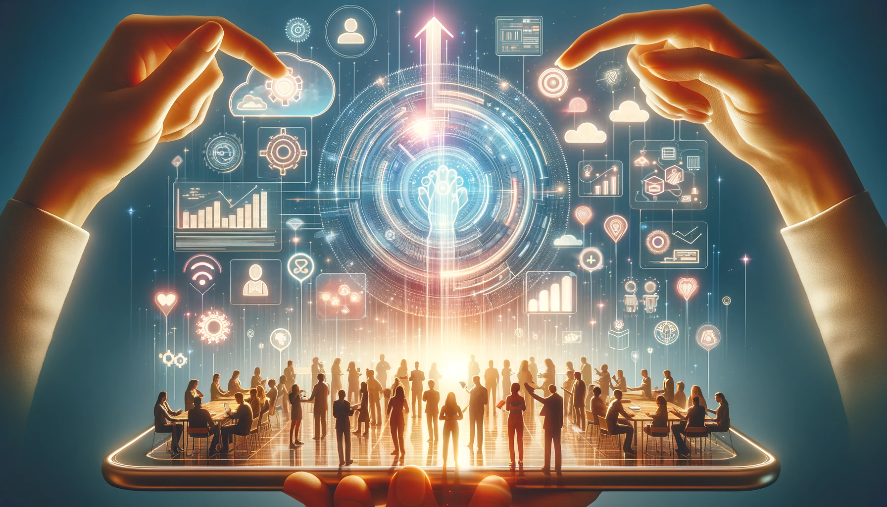 A group of diverse individuals collaboratively interacting with a futuristic, transparent touchscreen interface, set against a backdrop of soft, welcoming color tones. The scene is adorned with subtle digital icons and effects, creating an inclusive and innovative atmosphere that invites engagement with the future of software development trends.